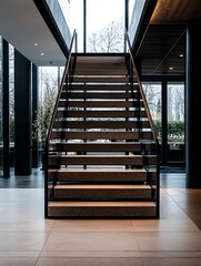 Poster - Modern stairway design featuring elegant lines and large windows for abundant natural light : Generative AI