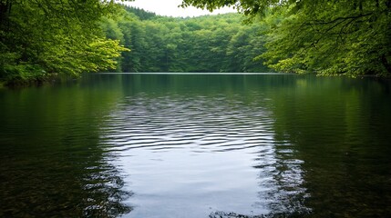 Poster - Peaceful lake view surrounded by green trees and hills reflecting in calm water under a cloudy sky : Generative AI