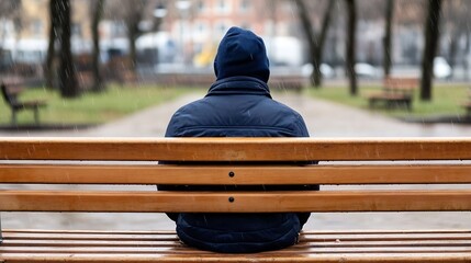 Poster - Lonely Man Sitting on Park Bench in Rainy Weather in City : Generative AI