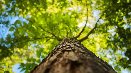 Poster - Beautiful perspective view of a towering tree surrounded by lush green leaves and bright blue sky : Generative AI
