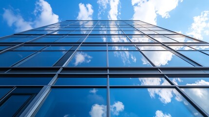 Aufkleber - Modern glass building facade reflecting the blue sky and clouds on a sunny day : Generative AI