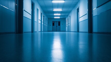 Poster - Empty hospital corridor illuminated by bright blue lights creating an eerie atmosphere : Generative AI