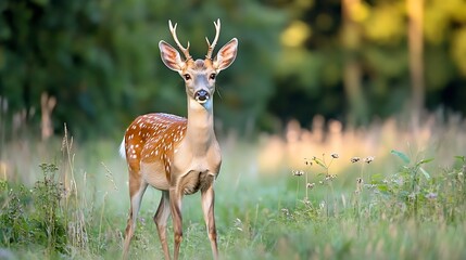 Poster - Graceful young deer stands in lush green field showcasing natural beauty : Generative AI