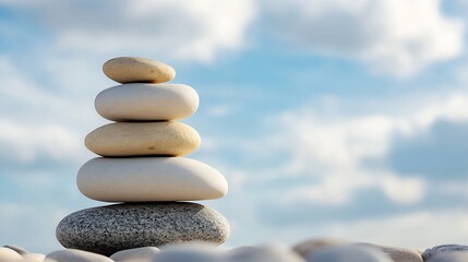 Poster - Stack of Smooth Pebbles Balanced on Each Other Against a Soft Cloudy Sky : Generative AI