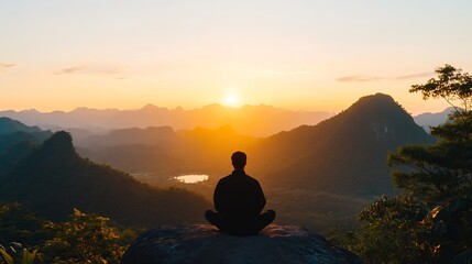 Aufkleber - Serene silhouette of a person meditating at sunset over majestic mountains and valleys : Generative AI