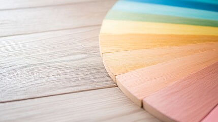 Poster - Colorful wooden palette showcasing a gradient of vibrant hues on a light wooden background for design inspiration : Generative AI