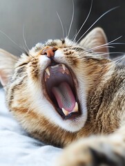 Poster - Adorable domestic cat yawning widely showcasing its sharp teeth and playful personality : Generative AI