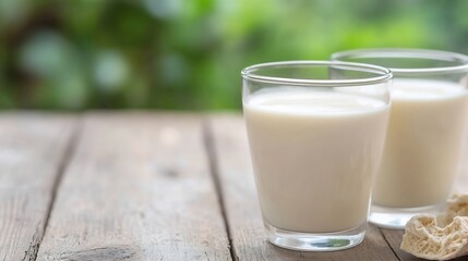 Aufkleber - Fresh Milk Served in Clear Glasses on Rustic Wooden Table Surrounded by Nature : Generative AI