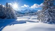© Generative AI - Winter wonderland landscape with snowcapped mountains and bright sun shining through the trees : Generative AI