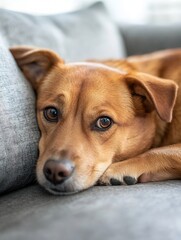 Poster - Adorable dog resting comfortably on a soft couch highlighting its expressive eyes and gentle demeanor : Generative AI