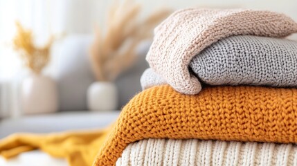 Aufkleber - A stack of cozy knitted blankets in various colors creating a warm and inviting atmosphere at home : Generative AI