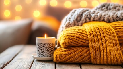Aufkleber - Relaxing Scene of Cozy Knit Blankets and Candle with Soft Bokeh Lights for Mood : Generative AI