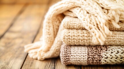 Aufkleber - Stacked Cozy Knitted Blankets on a Rustic Wooden Surface for Winter Comfort : Generative AI