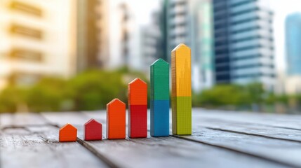 Poster - Vibrant bar graphs crafted from blocks stand on a wooden table against a stylish urban backdrop, symbolizing business growth and success in finance.