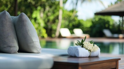 Poster - Spa Relaxation Setting with Towels and Flowers for Wellness and Luxury Experiences : Generative AI