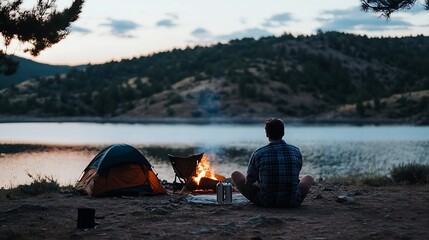 Aufkleber - Man enjoying peaceful evening by campfire near serene lake : Generative AI