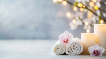 Poster - Relaxing Spa Scene With Soft Towels Candles And Orchid Blossoms In Background : Generative AI