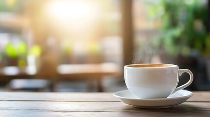 Aufkleber - Steaming Fresh Coffee Cup on Wooden Table with Natural Morning Light : Generative AI