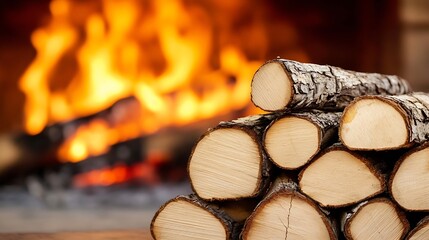 Aufkleber - Beautifully stacked firewood logs ready for a cozy fireplace setting with a blurred fiery background : Generative AI