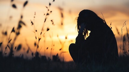 Aufkleber - Contemplative woman in silhouette sitting in a field during sunset with emotional expression : Generative AI