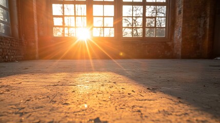 Aufkleber - Sunlight Streaming Through Large Windows in Spacious Room with Dusty Floor Creating Beautiful Glow : Generative AI