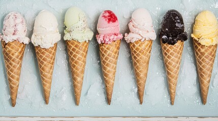 Poster - Colorful Ice Cream Scoops in Cones on Ice Blue Background