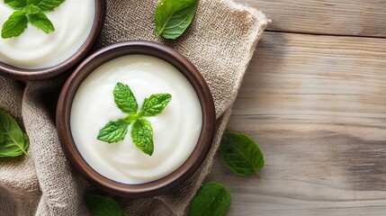 Poster - Delicious yogurt in wooden bowls garnished with fresh mint leaves on linen fabric : Generative AI