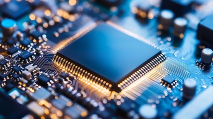 Poster - Close-up overview of a sophisticated microchip circuit board with glowing lights : Generative AI