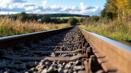 Poster - Scenic Railway Tracks Leading to a Lush Green Landscape Under Blue Skies : Generative AI