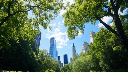 Poster - Breathtaking view of skyscrapers framed by lush green trees in a vibrant city park under sunny skies : Generative AI