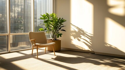 Poster - Bright and airy room featuring a cozy chair and vibrant indoor plants in sunlight : Generative AI