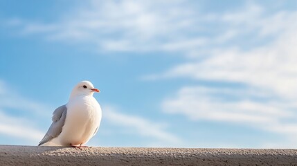Poster - Graceful white bird resting on a ledge with a bright blue sky and fluffy clouds in the background : Generative AI