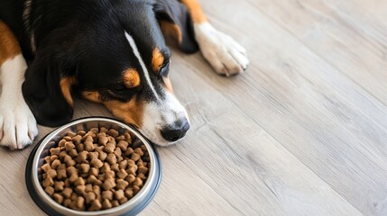 Poster - A sad dog lying next to its food bowl on a wooden floor waiting for its meal : Generative AI