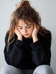 Poster - Portrait of a young woman in a black sweater expressing deep emotional reflection : Generative AI