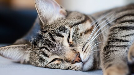 Poster - Resting tabby cat sleeping peacefully on a soft surface capturing the essence of comfort and tranquility : Generative AI