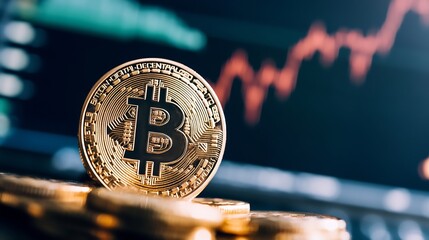Poster - Gold Bitcoin Coin Stacked with Financial Chart Depicting Cryptocurrency Trading : Generative AI