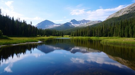 Aufkleber - Picturesque mountain scenery reflecting in a pristine lake surrounded by lush forest greenery : Generative AI