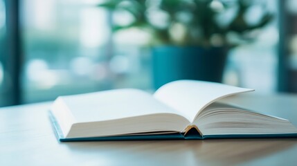 Poster - Open book resting on a table with a soft focus background creating a peaceful atmosphere : Generative AI