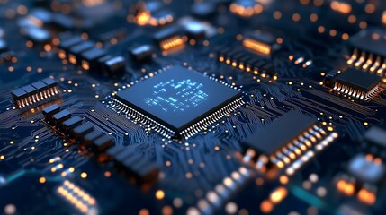 Poster - Detailed View of a Computer Microchip with Glowing Circuitry : Generative AI