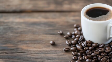 Poster - Freshly Brewed Coffee in a White Cup Surrounded by Whole Coffee Beans on Rustic Wooden Surface : Generative AI