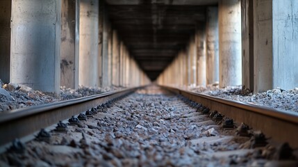 Poster - Perspective view of railway tracks leading into an industrial tunnel with concrete pillars and gravel : Generative AI