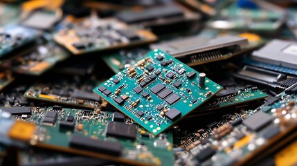 Poster - Close-up of electronic circuit boards showcasing technology and components in a cluttered environment : Generative AI