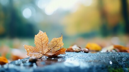 Aufkleber - A single wet maple leaf resting on a stone after rain showcasing rich autumn colors : Generative AI