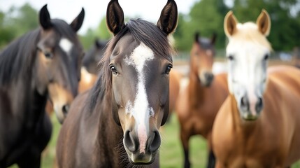 Poster - Curious Horses in a Green Field Gazing at the Camera Under Bright Sun : Generative AI