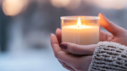 Aufkleber - Elegant hands holding a lit candle in a winter setting with soft sunlight creating a serene mood : Generative AI