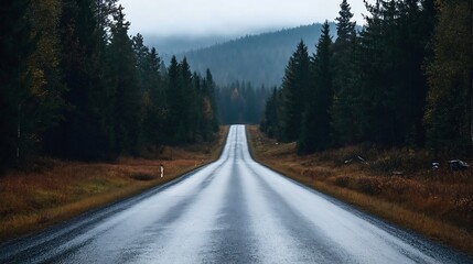 Poster - Serene and Tranquil Road Surrounded by Lush Green Forests in Foggy Weather : Generative AI