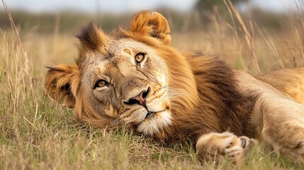 Poster - Powerful lion resting majestically on the savannah grass with a captivating gaze : Generative AI