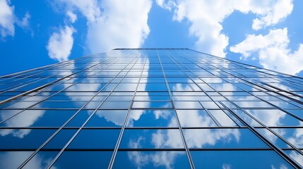 Poster - Reflections of clouds in a tall glass building under a bright blue sky creating a stunning visual : Generative AI
