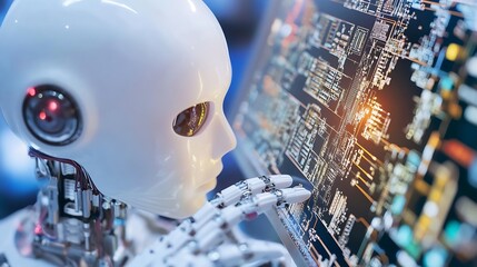 Poster - Futuristic robot analyzing digital data on a high tech screen in a modern environment : Generative AI