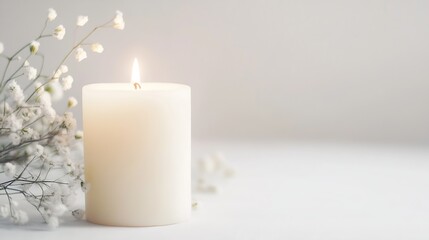 Leinwandbilder - Serene white candle glowing softly next to delicate flowers on a minimalistic background : Generative AI